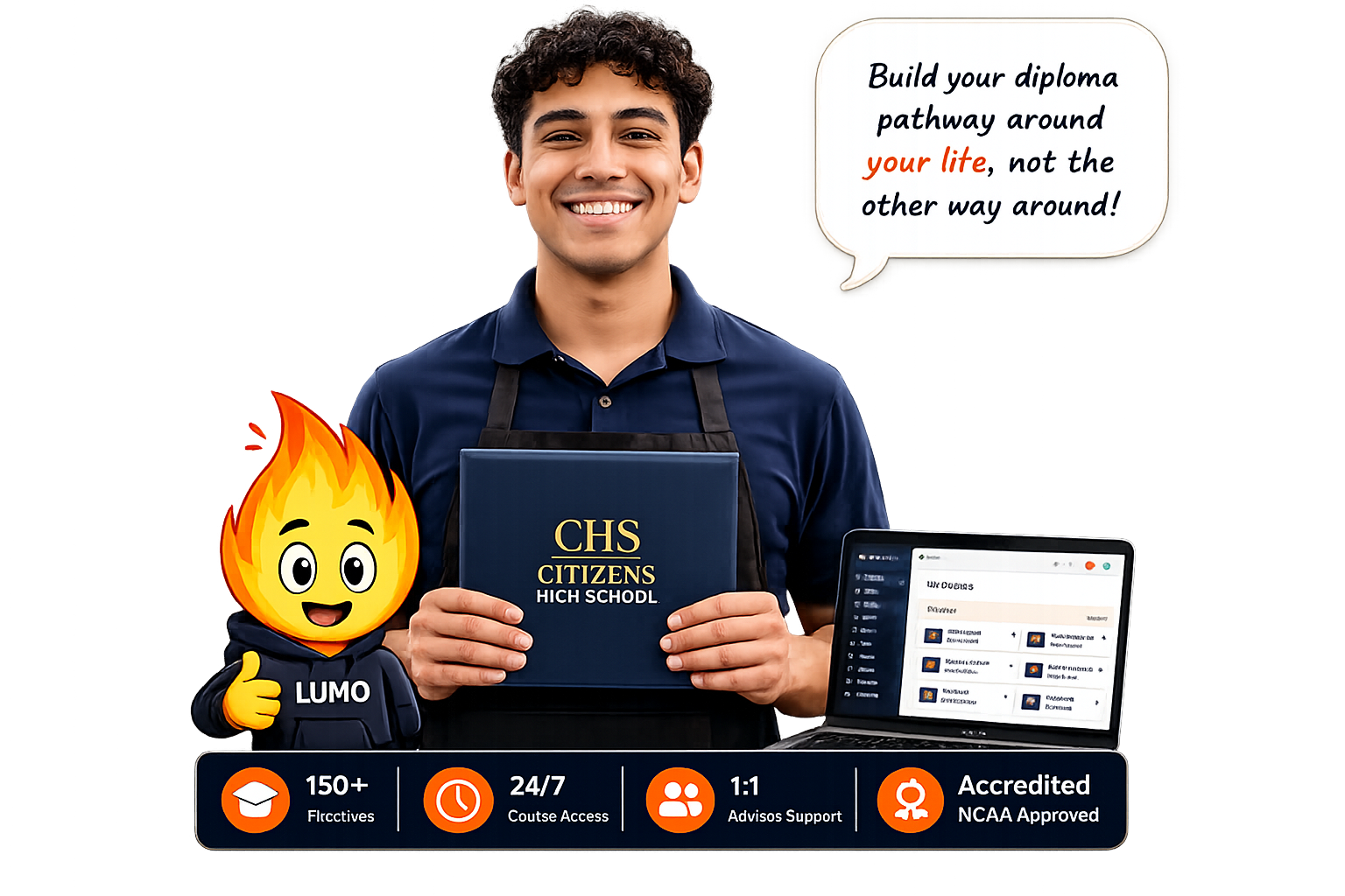 CHS student holding a diploma with LUMO mascot, speech bubble, and online learning dashboard on a laptop