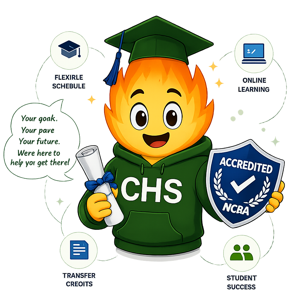 LUMO mascot in a CHS graduation cap holding an accredited diploma and NCAA-approved shield