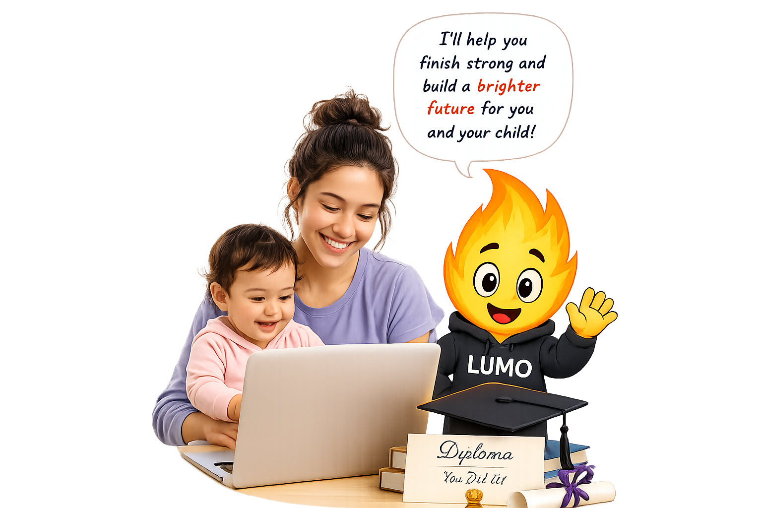 Teen mom learning online with her child and LUMO