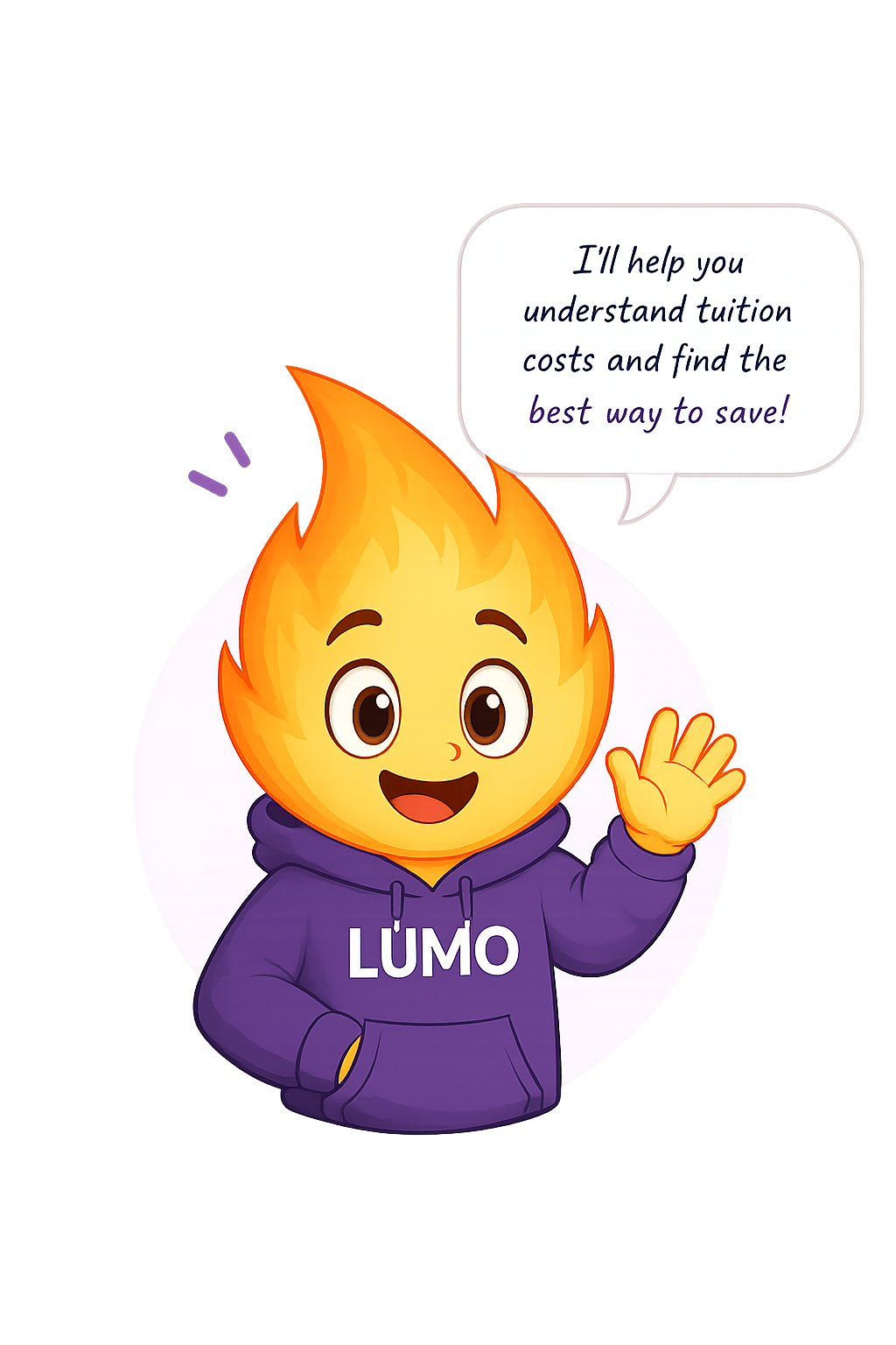 LUMO mascot waving in a purple hoodie